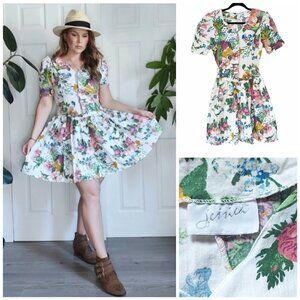 𝅺VINTAGE Cotton Linen White Floral Dress